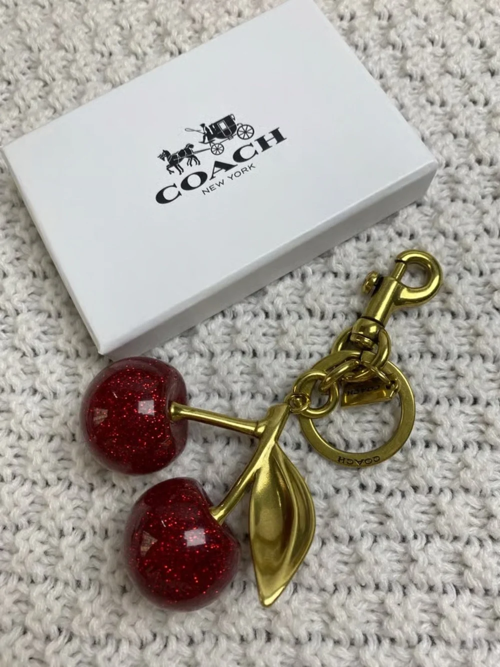 Coach Red Glitter Cherry Keychain with Gold Hardware